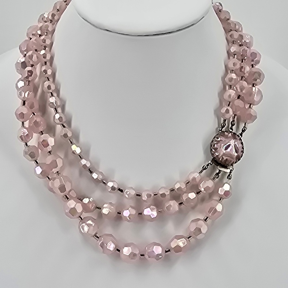 Vintage Austria Pink Necklace AB Acrylic Lucite Triple Strand Graduated Bead